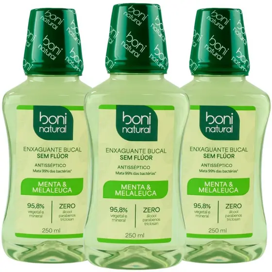 Kit 3 Enxaguante Bucal Vegano Natural Menta e Melaleuca 250ml - Boni Natural