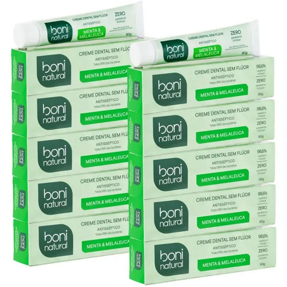 Kit 10 Creme Dental Natural Menta e Melaleuca Sem Flúor 90g Boni