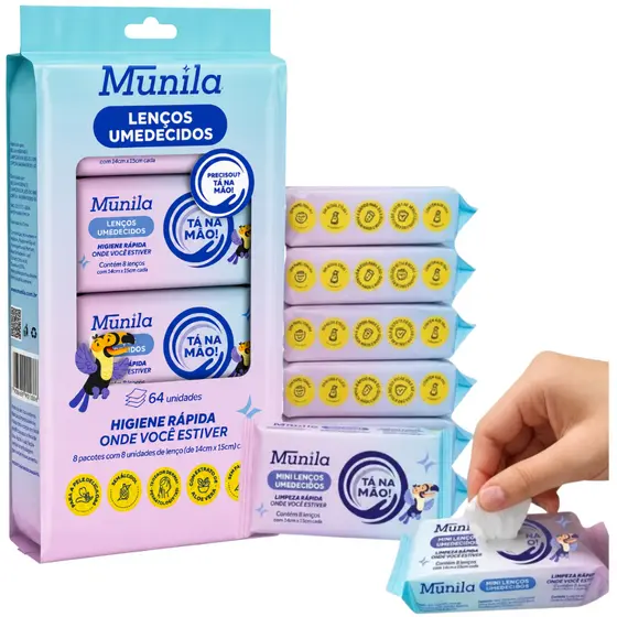 Mini Lenço Umedecido Tá na Mão Pack com 64 Lenços- Munila
