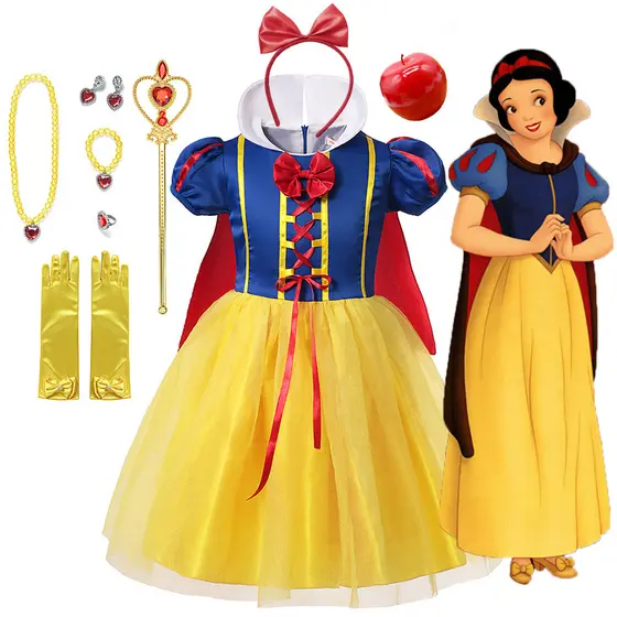 Vestido Clássico De Princesa De Conto De Fadas Para Meninas , De Tule Azul-Amarelo Com Conjunto Completo De Acessórios ,