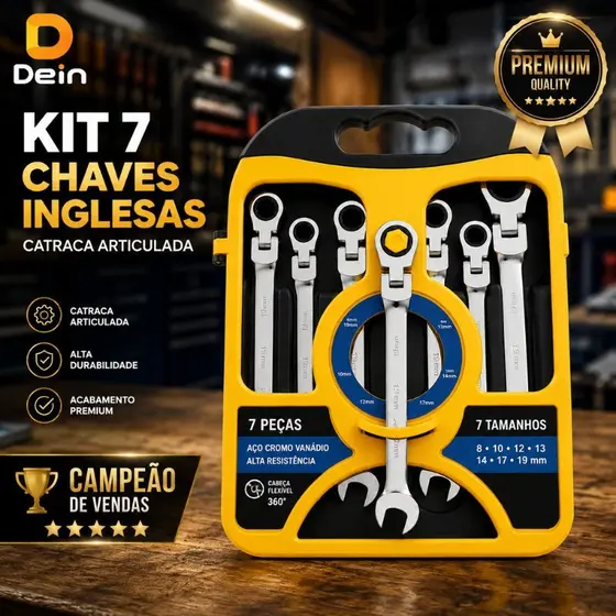 Kit 7 Chaves Combinadas Catraca Articulada Aço Cromo Vanádio 8 a 19mm Profissional Estojo