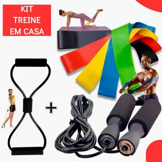 Kit Treine Em Casa Funcional Completo 5 Faixas Mini Band + Elástico Extensor Cross + Corda de pular