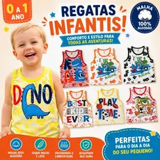 Kit 5 Regata Bebê Masculino 0 a 1 Ano Algodão Infantil Estampada Roupa de Verão