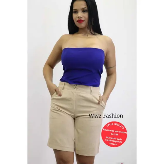 Casual Shorts Liso com Bolsos para Mulheres Sem Cinto 135