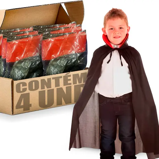 Kit 4 Fantasias Capa De Vampiro Dracula Bruxa Com Gola Vermelha Infantil 90cm Para Halloween Dia Das Bruxas