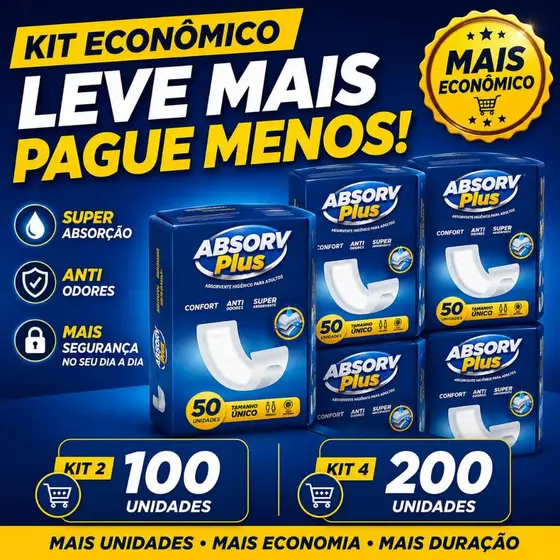 Kit Absorvente Geriátrico Absorv Plus 100 ou 200 Unidades | Kit 2 ou 4 Pacotes | Mais Economia