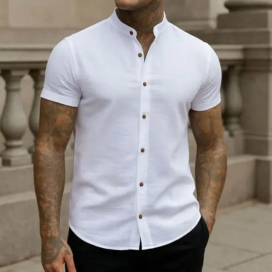 Camisa Social Masculina Linho Gola Padre Manga Curta Premium