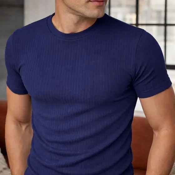 Camiseta Masculina Texturizada Camisa Canelada Slim com Elastano