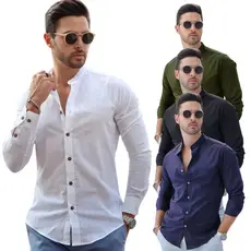 Camisa Social Masculina Linho Gola Padre Manga Longa Premium