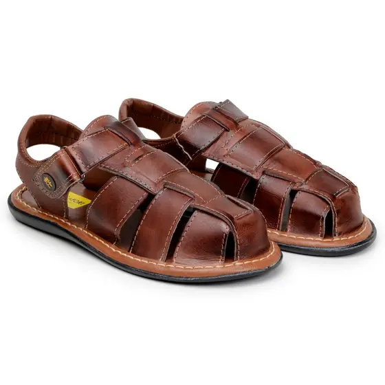Sandália Masculino Chinelo Fechado em Couro 100% Legítimo com Velcro Casual Linha Conforto