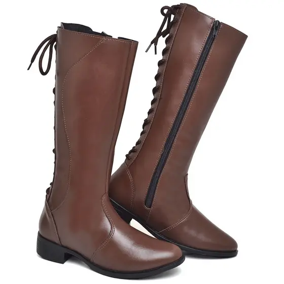 Bota Feminina Montaria Confortável em Couro Cano Alto de Amarrar Macia 200