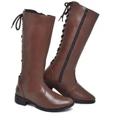 Bota Feminina Montaria Confortável em Couro Cano Alto de Amarrar Macia 200