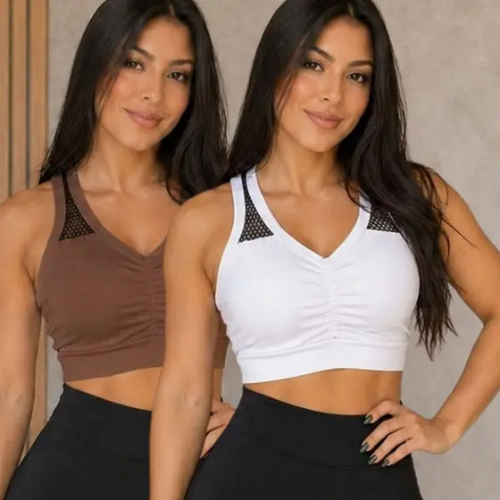Kit 2 Top Fitness Com Bojo Academia Malha Suplex Tela } Croped Curto Treino Feminino Leguins Regata Blusas Sport Cropped