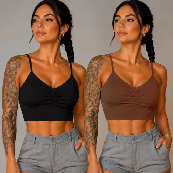 kIT 2 Top Fitness Com Forro Academia Suplex } Regata Croped Curto Nadador Feminino Leguins Blusa Sport Treino Croped