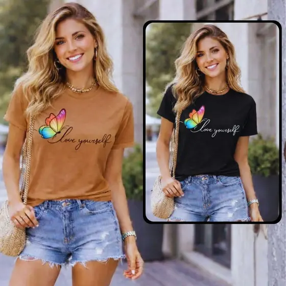t shirt feminina Love Selfe } T-shirts Básicas Gola v Baby Look Estilosa 100% Algodão Blusinhas Manga Curta