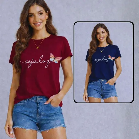 blusa Feminina Seja Luz Com Manga } Camiseta T-shirts Básicas Baby Look Estilosa 100% Algodão  Blusinhas Casual
