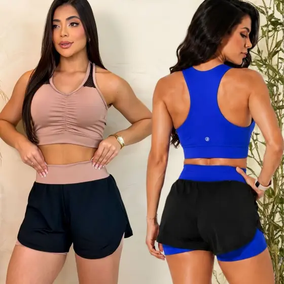 Conjunto de Academia feminino  Shorts Duplo Com 100% De Zero Transparência Empina Bumbum Roupas de Academia Fitness