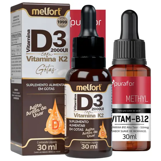 Vitamina D3 + K2 c/ Vitamina B12 Kit Suplemento Nutricional diario Imunidade Energia