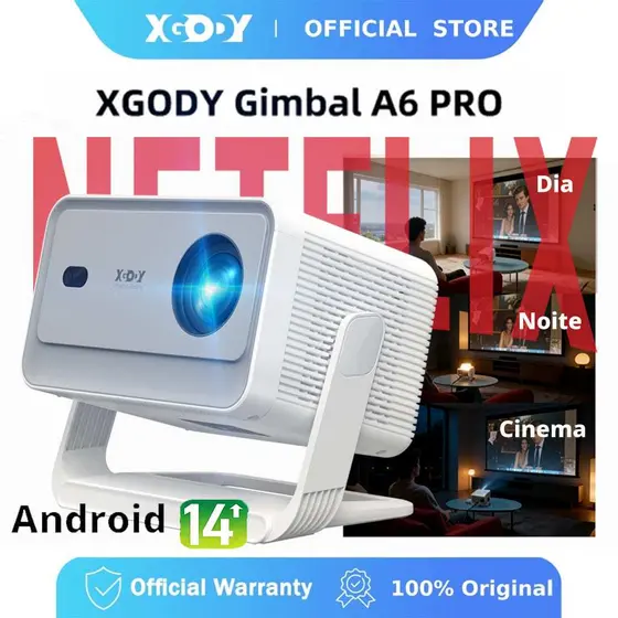 XGODY Gimbal A6PRO 4K Projetor Foco Automático 700ANSI 18000 Lumens Android 14 WiFi De Filme De Vídeo