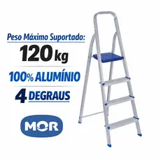 Escada Alumínio 4 Degraus Azul - MOR - Multiuso, Leve, Dobrável, Anti-derrapante, Segura