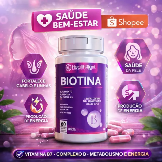 Biotina 60 Cápsulas 500mg – HealthPlant - Suplemento Alimentar