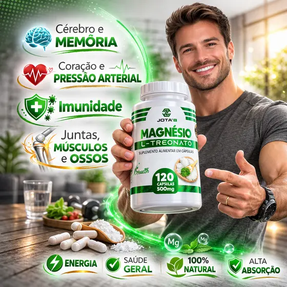 Magnésio L-Treonato Cápsulas 500mg | Saúde Cerebral e Cognitiva | Melhor Memória e Concentração