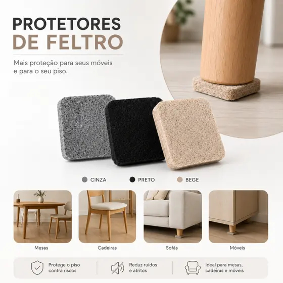 kit 32 ou 64 Protetor Feltro Para Móveis Pé Cadeira Quadrado AutoAdesivo Anti-Impacto Antirrisco PREMIUM ALTA QUALIDADE
