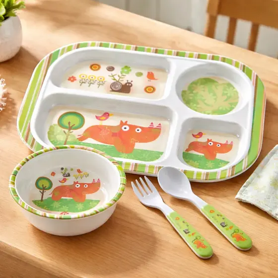 Kit Refeição Infantil Utensílios Prato C/ Divisória Retangular Para Bebê Criança Tigela Talher Bichinhos 4pçs