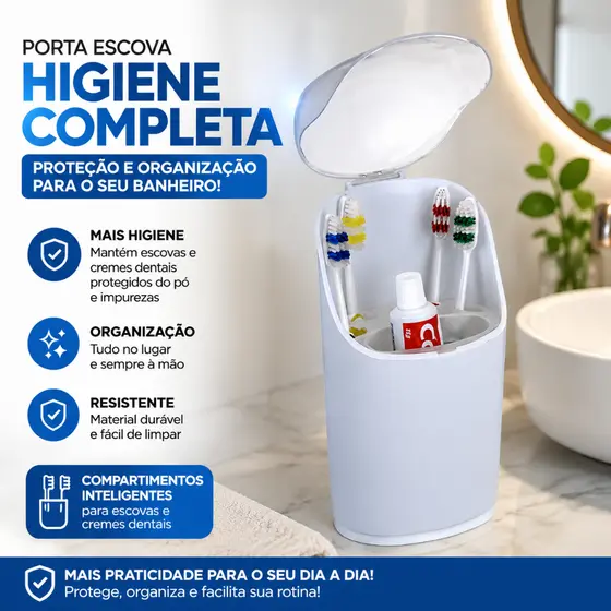 Porta Escovas de Dente e Pasta com Tampa Pia Banheiro Lavabo