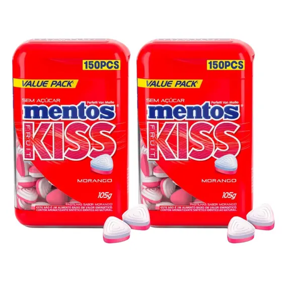 Kit 2 Pastilhas Mentos Kiss Fruit Sabor Morango Sem Açúcar 105g/cada - Pote Com 150 unidades