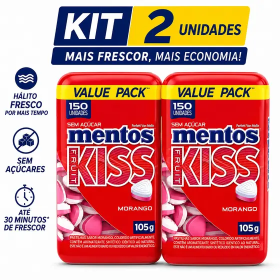 KIT 2 Pastilhas Mentos Kiss Fruit Sabor Morango Sem Açúcar 105g - Pote Com 150 unidades