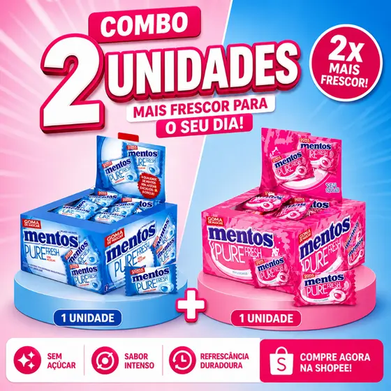 Kit 2 Chiclete Mentos Pure Fresh MInt + Pure Fruit Tutti-Frutti c/ 60 un.