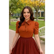 Blusa Social Manga Curta Bufante com laçinho Lisa Social Elegante Moda Evangélica Estilosa