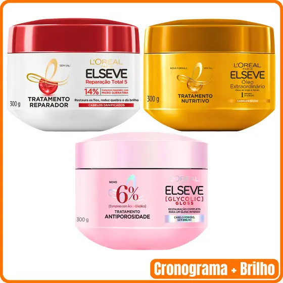 Kit Cronograma Capilar Máscara de Tratamento Elseve Reparação Total 5 300g + Óleo Estraordinário 300g + Glycolic 300g