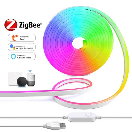Zigbee 3.0 Neon RGB Fita LED USB 5V Dimmable Trabalho Com Tuya Smart Gateway Hue Bridge SmartThings Alexa Google
