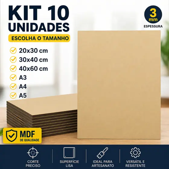Kit 10 Placas MDF Cru 3mm | Corte Laser | 20x30 30x40 40x60 cm | Artesanato DIY