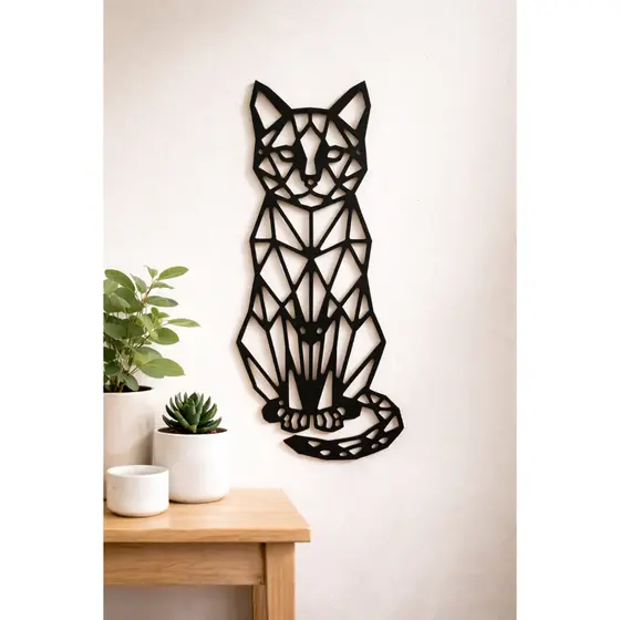Gato Decorativo Geométrico em MDF Preto 6mm Grande – Decoração de Parede Moderna