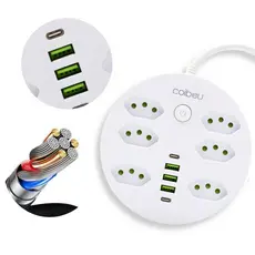 Extensão Filtro de Linha Redondo 6 Tomadas 3 USB-A 2 USB-C Carregamento Rápido Proteção Contra Sobrecarga