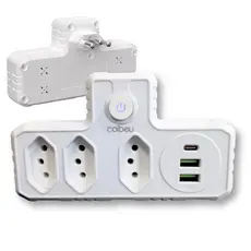 Adaptador de Tomada Profissional 3 Tomadas 2 Interface USB 1 Porta USB Type-C Branco 2500W 10A
