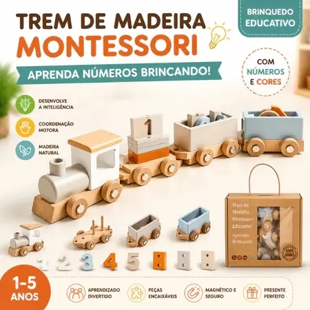 Trem de Madeira Montessori Brinquedo Educativo Infantil Blocos de Números Coordenação Motora Crianças 1 a 5 Anos
