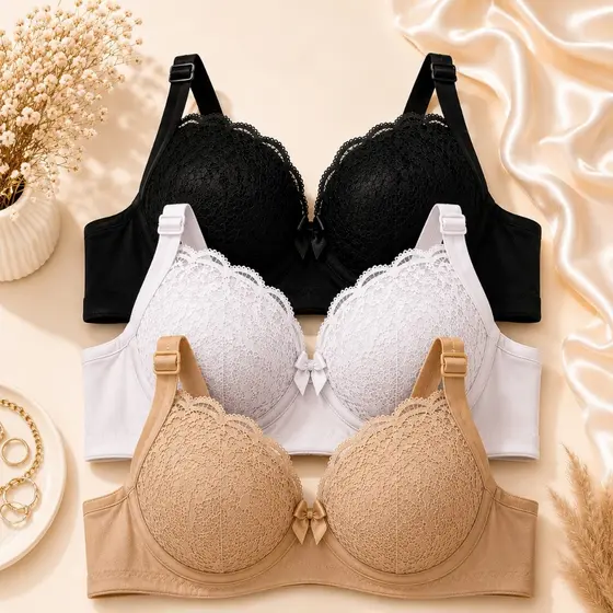 Kit 3 Sutiã Rendado Reforçado Com Bojo Veste P ao GG Promoção