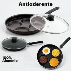 Frigideira 4 Em 1 Com Tampa de Vidro temperado Antiaderente Ovo Hamburguer Multiuso preta