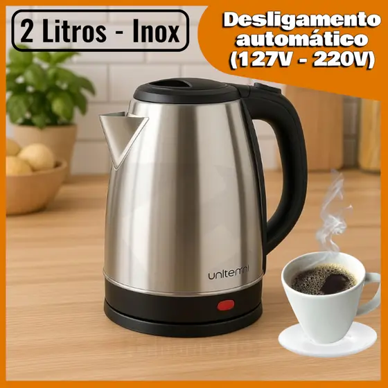Chaleira Elétrica inox 2 Litros 220V / 127V Jarra Ferve Água Rápido 1500W para Café e Chá