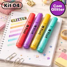 Kit Canetas Marca-texto Com Glitter 4 cores Ponta Hidrográfica para Papel e Estudos com Brilho Destaque e Anotações