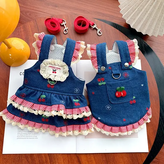 Saia jeans para animais de estimação com padrão cereja, tração adequada para cães e gatos pequenos