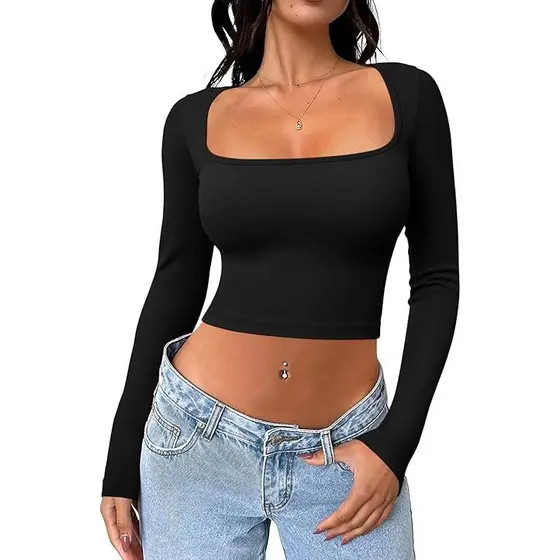 SkyLight Cropped Top Feminino Decote Quadrado Manga Longa em Poliéster para Mulheres