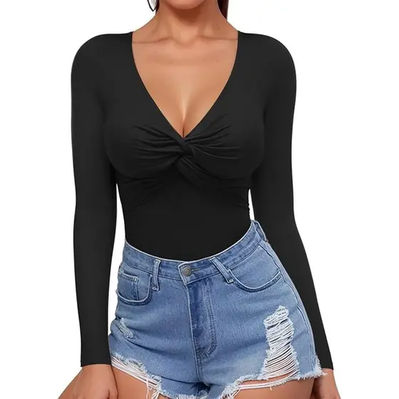Body Feminino Decote V Cruzado Manga Longa Casual Básico