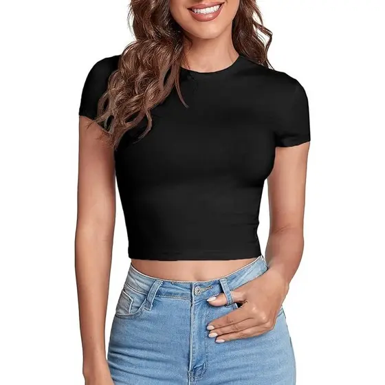 Blusa Cropped Feminino Liso Gola Careca Manga Curta para Mulheres