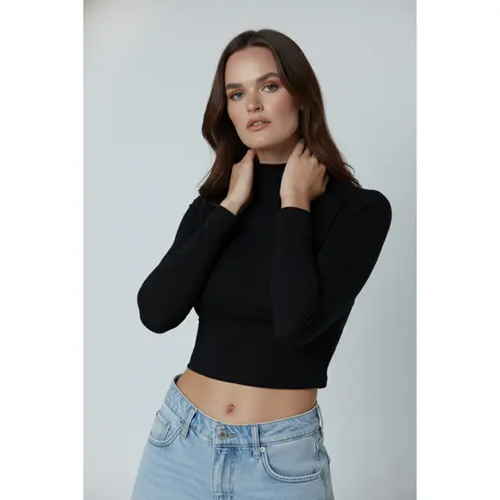 SkyLight Blusa Cropped Feminino Manga Longa Gola Alta Básico para Mulheres - Moda Gringa Tendência