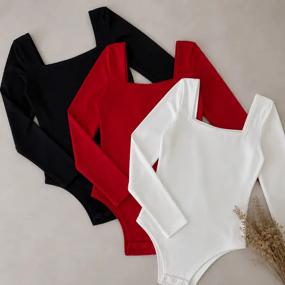 Kit 3 Body Feminino Decote Quadrado Manga Longa Suplex Básico Premium